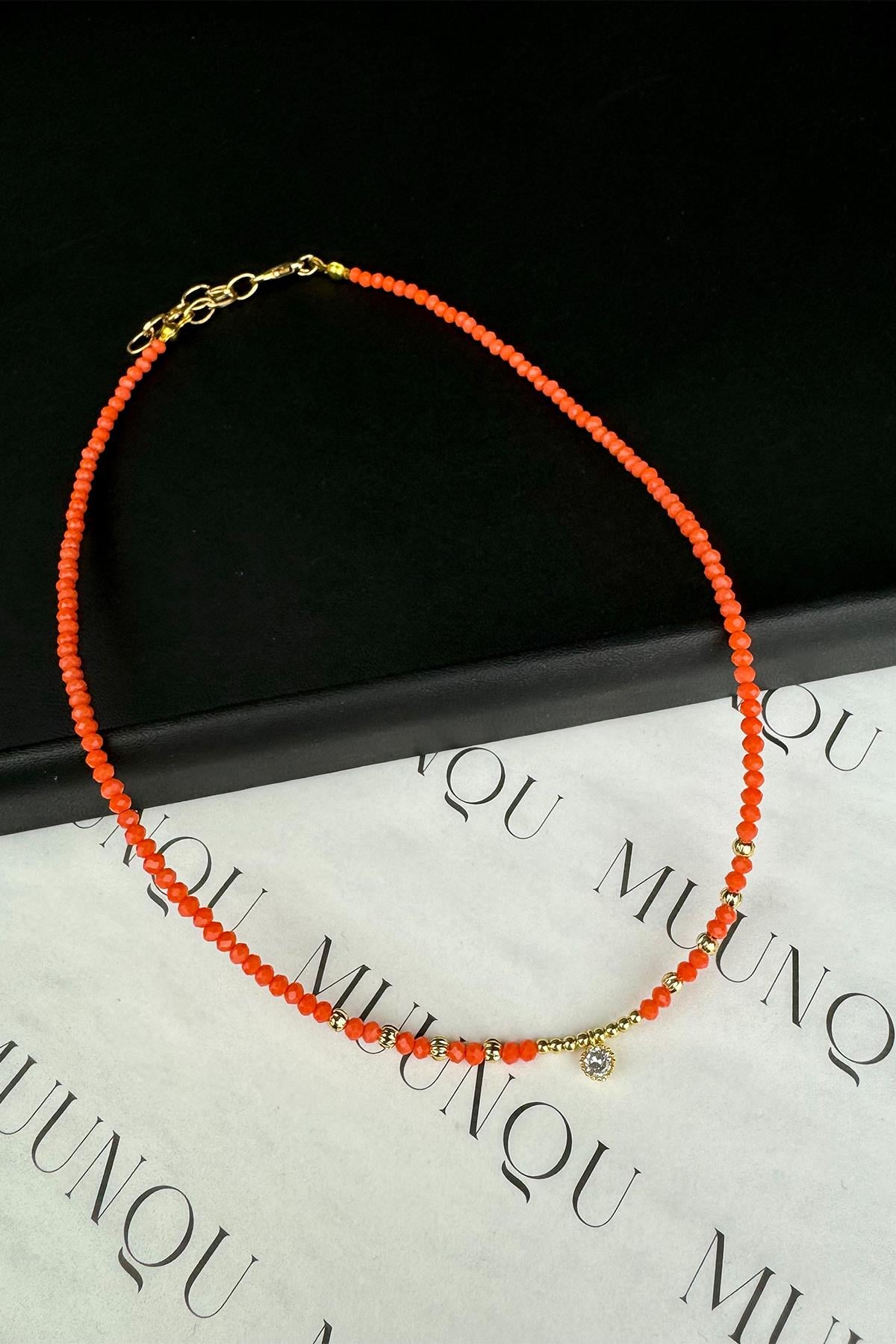 Turuncu Gold Taşlı Alaçatı Kolye