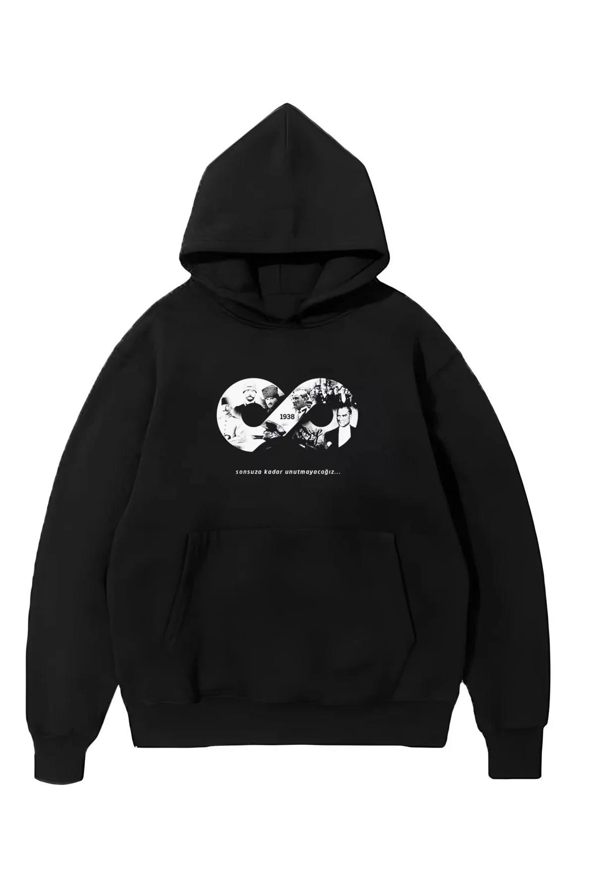 10 Kasıma Özel Üç İplik Kapüşonlu Baskılı SweatShirt - Siyah