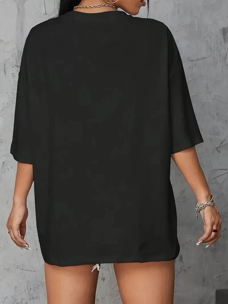 20/1 Penye Compack Baskılı Oversize Kahve Desenli Kadın Kısa Kol Yazlık T-shirt - Siyah