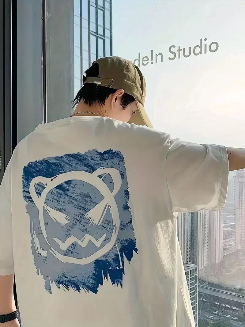 20/1 Penye Compack Bisiklet Yaka Kore tarzı sevimli ayı baskı Kısa Kol Erkek t-shirt - Beyaz