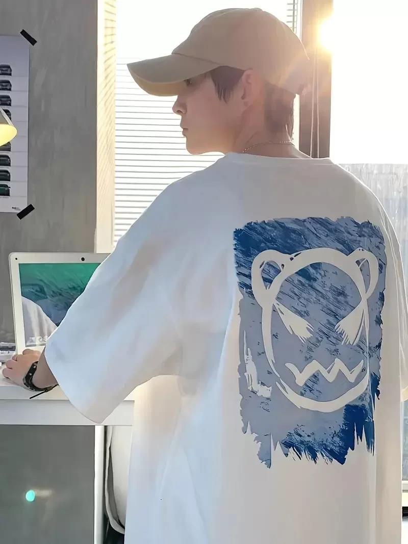 20/1 Penye Compack Bisiklet Yaka Kore tarzı sevimli ayı baskı Kısa Kol Erkek t-shirt - Beyaz
