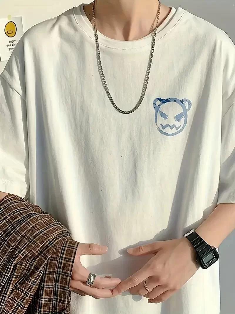 20/1 Penye Compack Bisiklet Yaka Kore tarzı sevimli ayı baskı Kısa Kol Erkek t-shirt - Beyaz