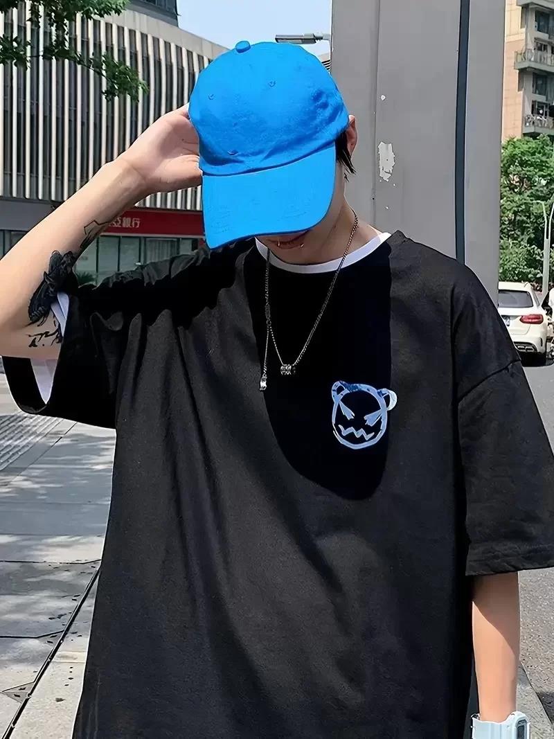 20/1 Penye Compack Bisiklet Yaka Kore tarzı sevimli ayı baskı Kısa Kol Erkek t-shirt - Siyah