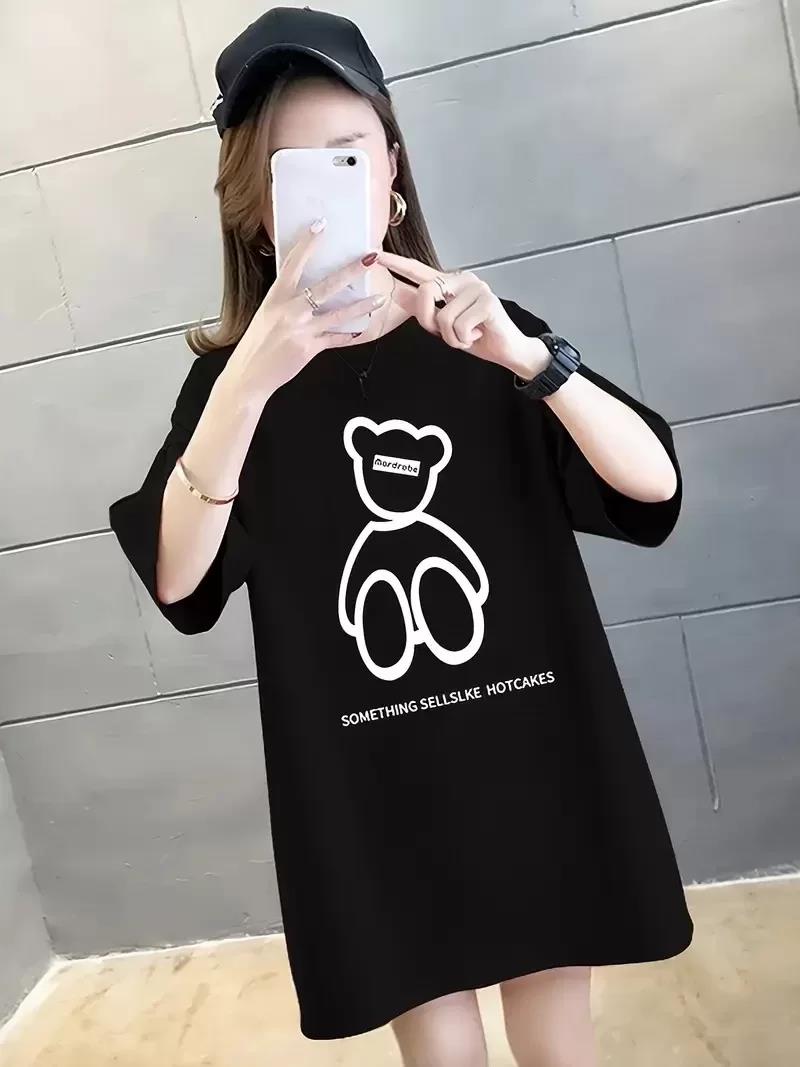 20/1 Penye Compack Ön Arka Baskılı Oversize Bisiklet Yaka T-shirt - Siyah