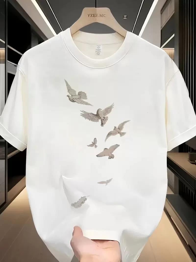20/1 Penye Compack Özgür kuşlar Baskılı Oversize Bisiklet Yaka T-shirt - Beyaz