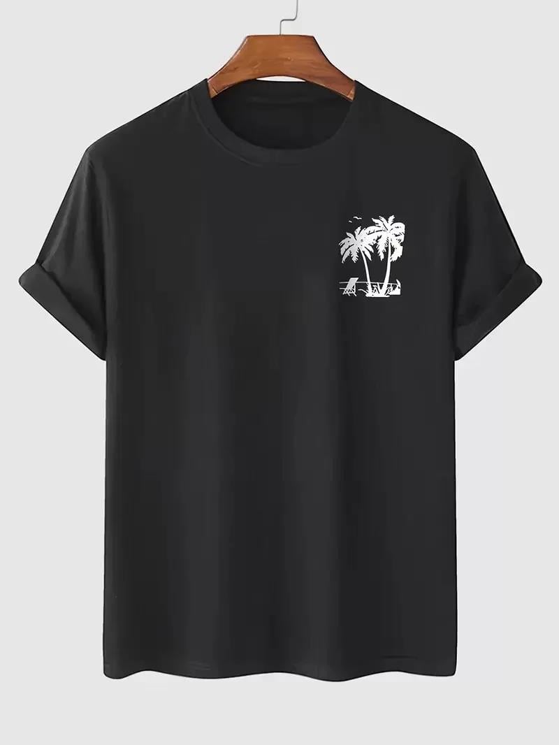 20/1 Penye Compack Palmiye Ön Baskılı Oversize Bisiklet Yaka Kısa Kol Yazlık T-shirt - Siyah