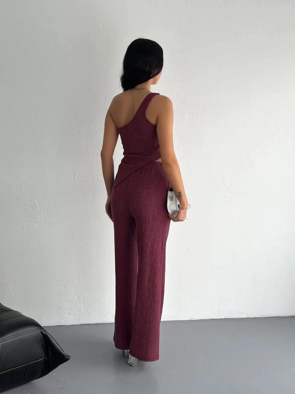 Asimetrik Crop Pantalon ikili Takım - Gül Kurusu