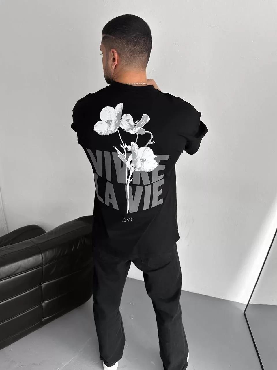 Baskılı Oversize Bisiklet Yaka T-shirt - Siyah