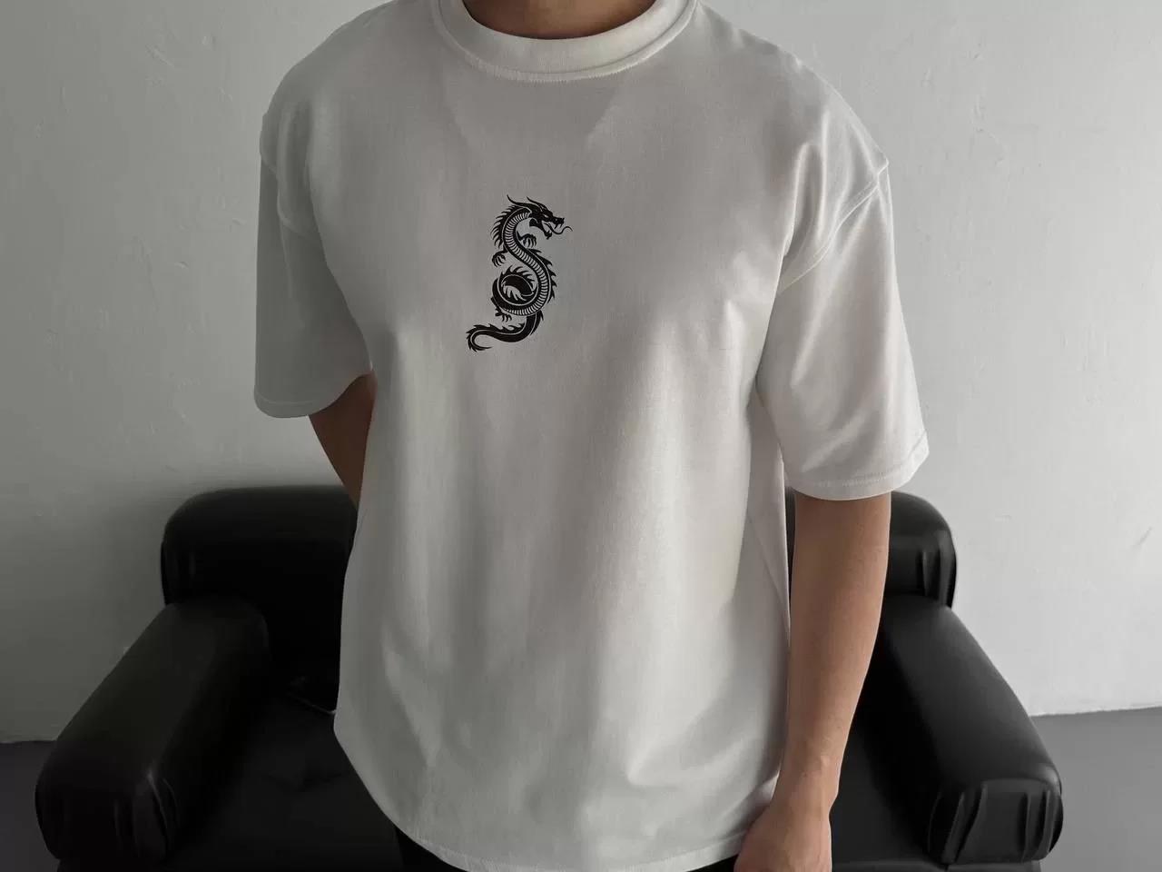 Baskılı Oversize Bisiklet Yaka T-shirt - Beyaz