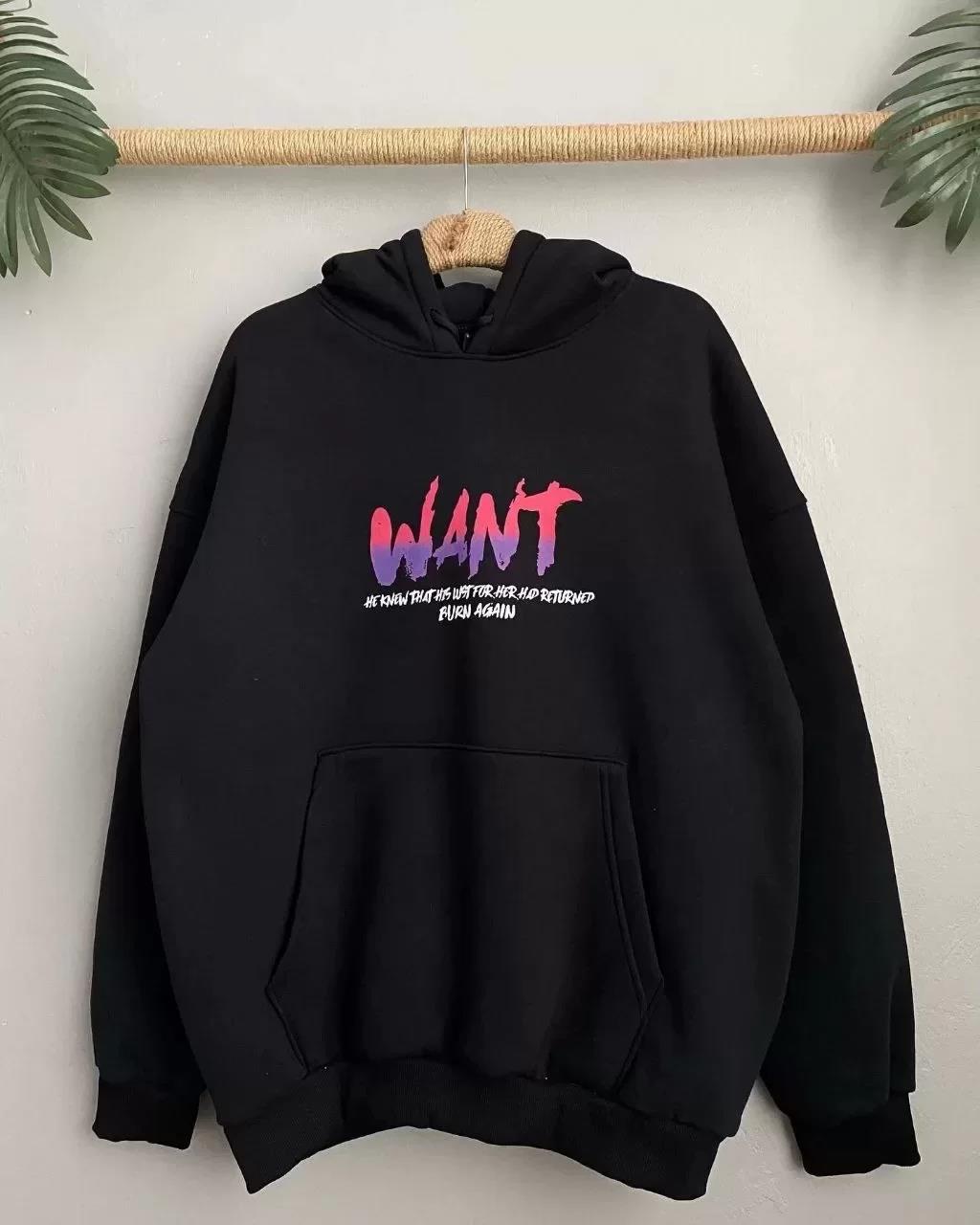 Baskılı Üç İplik Kapüşonlu Oversize Sweatshirt - Siyah