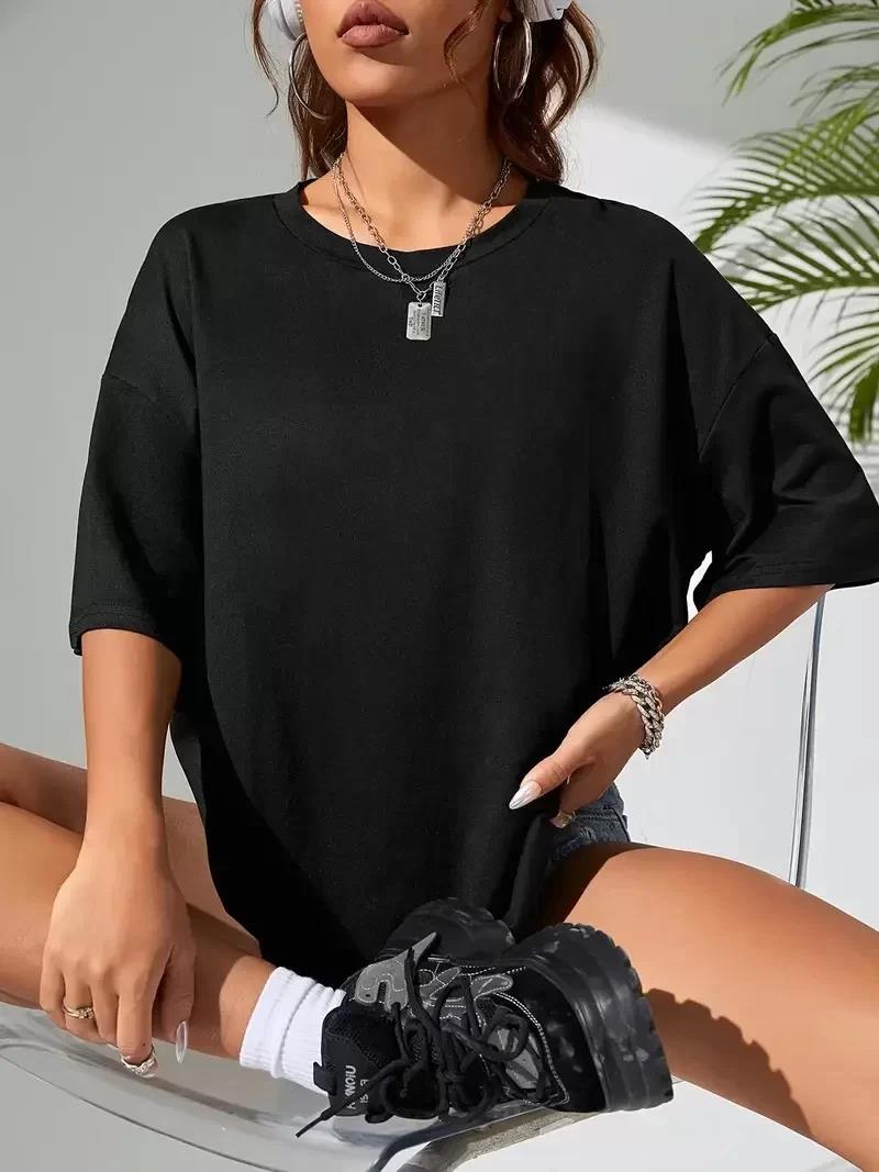 Büyük Boy Ayıcık Baskılı Bisiklet Yaka T-Shirt, İlkbahar & Yaz İçin Rahat Kısa Kollu T-Shirt, Kadın Giyim - Siyah