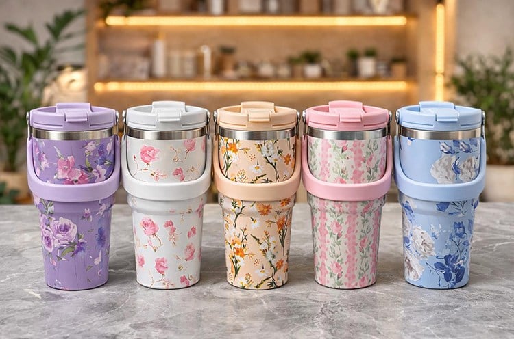 Çiçek Desenli 700 ml Taşıma Kulplu Paslanmaz Çelik Termos Mug Bardak