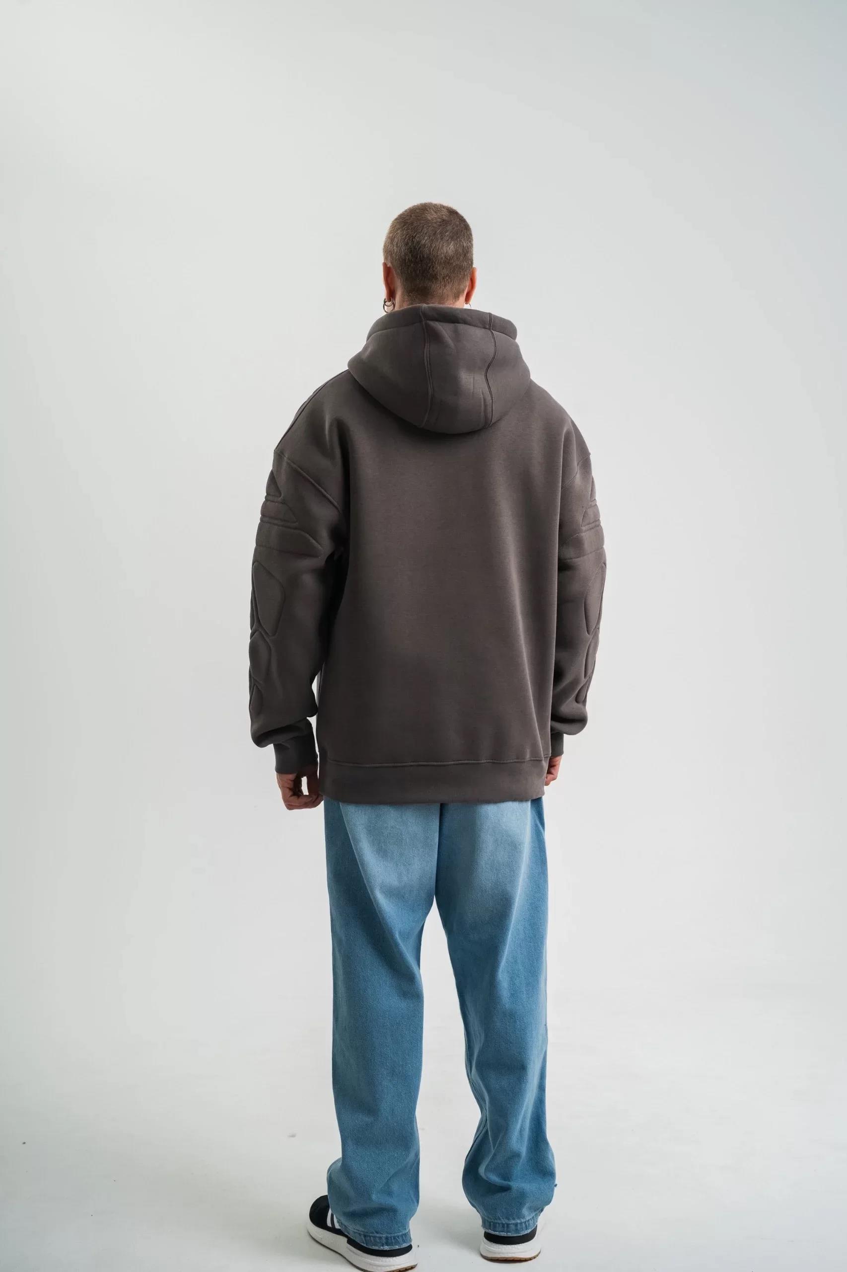 Double Oversize Kapşonlu Nakışlı SweatShirt - Füme