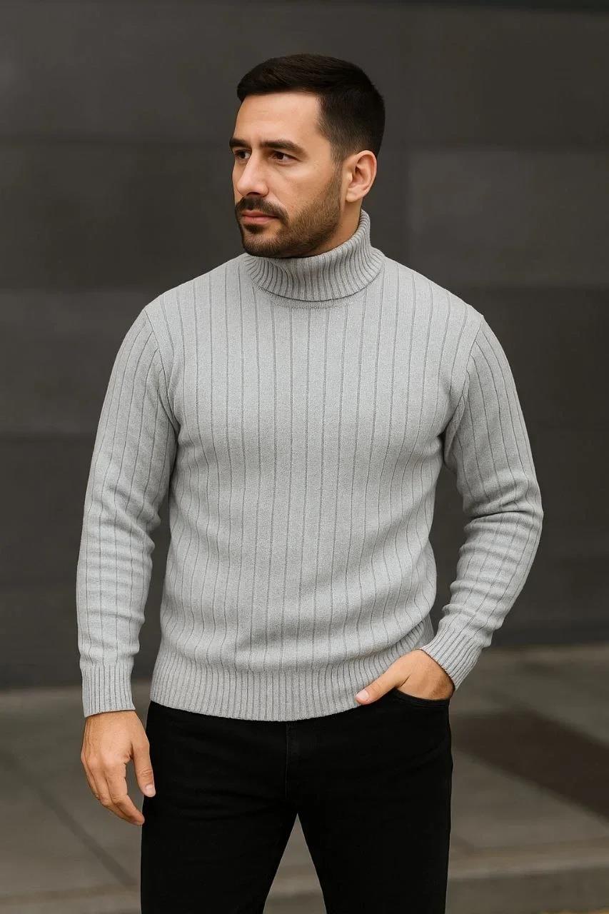 Erkek Balıkcı Yaka Bağazlı Triko Kazak Pamuklu Kalın Fitilli Dokuma, Regular Fit Uzun Kollu Kışlık Model - Gri