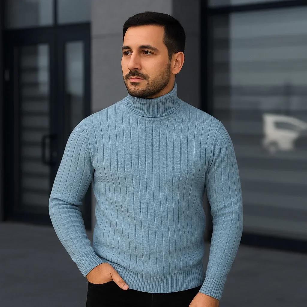 Erkek Balıkcı Yaka Bağazlı Triko Kazak Pamuklu Kalın Fitilli Dokuma, Regular Fit Uzun Kollu Kışlık Model - Bebe Mavisi