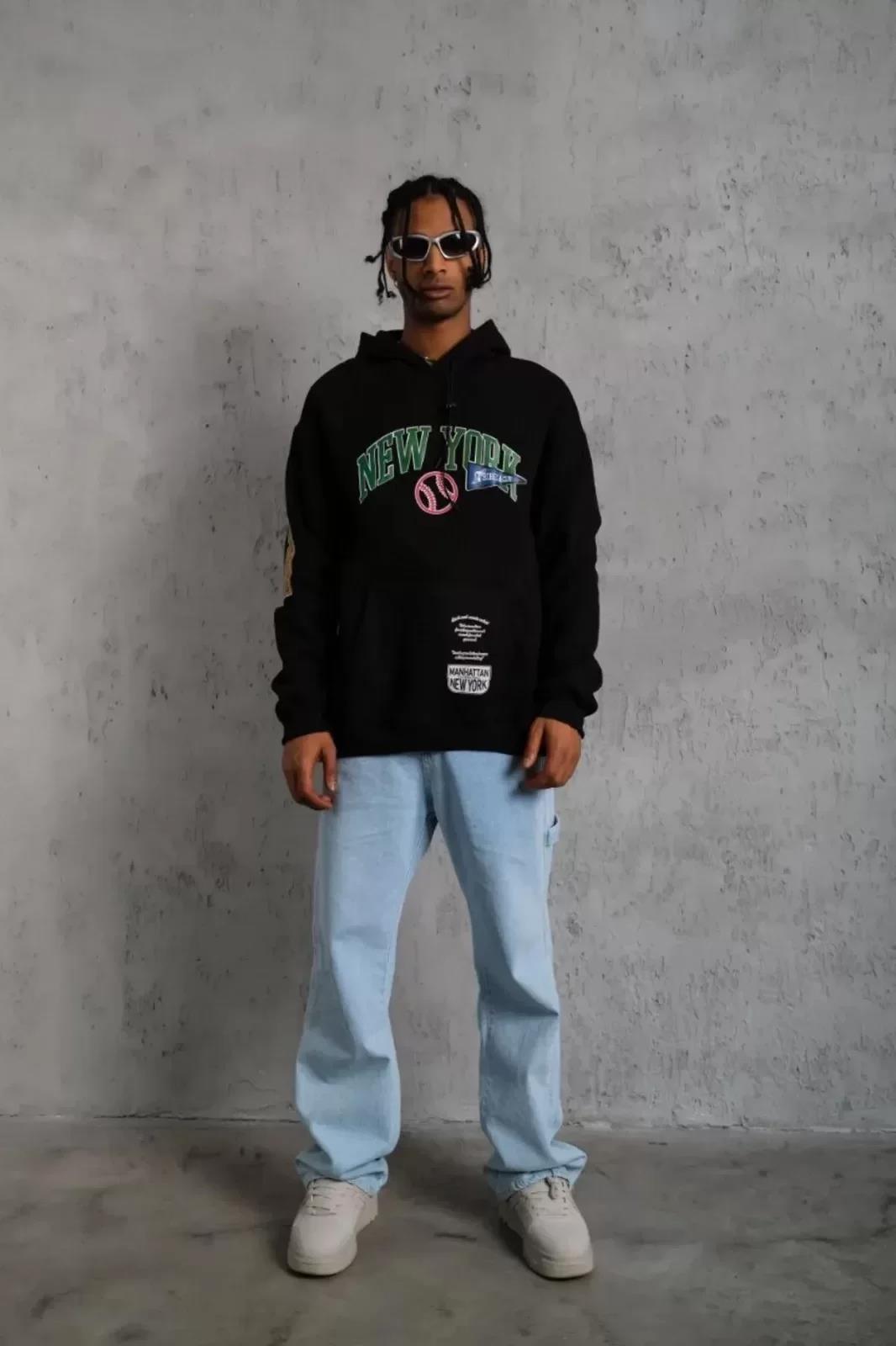 Erkek Baskılı Kapüşonlu Sweatshirt - Siyah