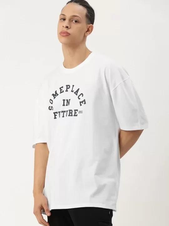 Erkek Baskılı Oversize T-shirt - Beyaz