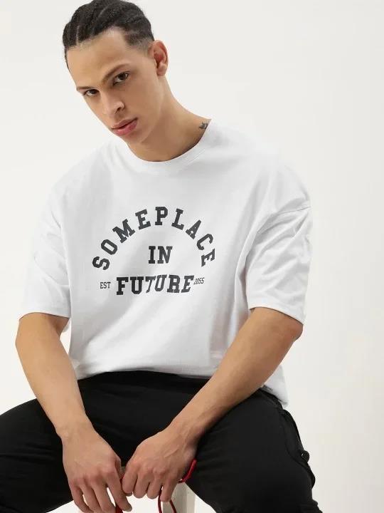 Erkek Baskılı Oversize T-shirt - Beyaz