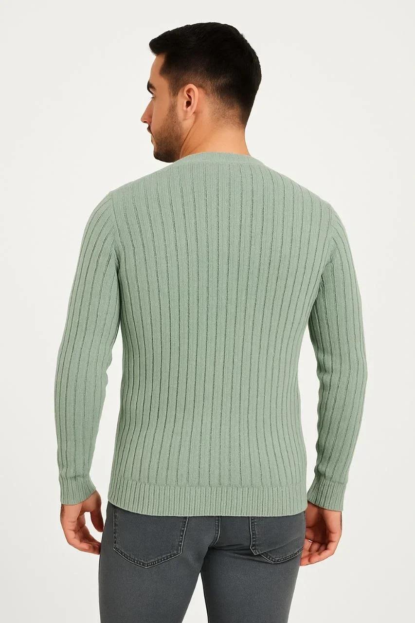 Erkek Bisiklet Yuvarlak Yaka Triko Kazak Pamuklu Kalın Fitilli Dokuma, Regular Fit Uzun Kollu Kışlık Model - Mint Yeşili