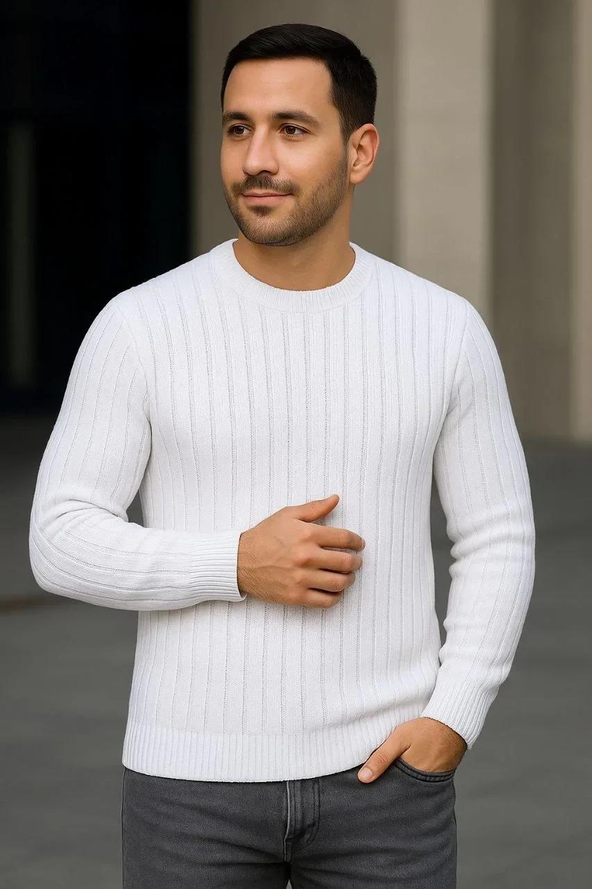Erkek Bisiklet Yuvarlak Yaka Triko Kazak Pamuklu Kalın Fitilli Dokuma, Regular Fit Uzun Kollu Kışlık Model - Beyaz