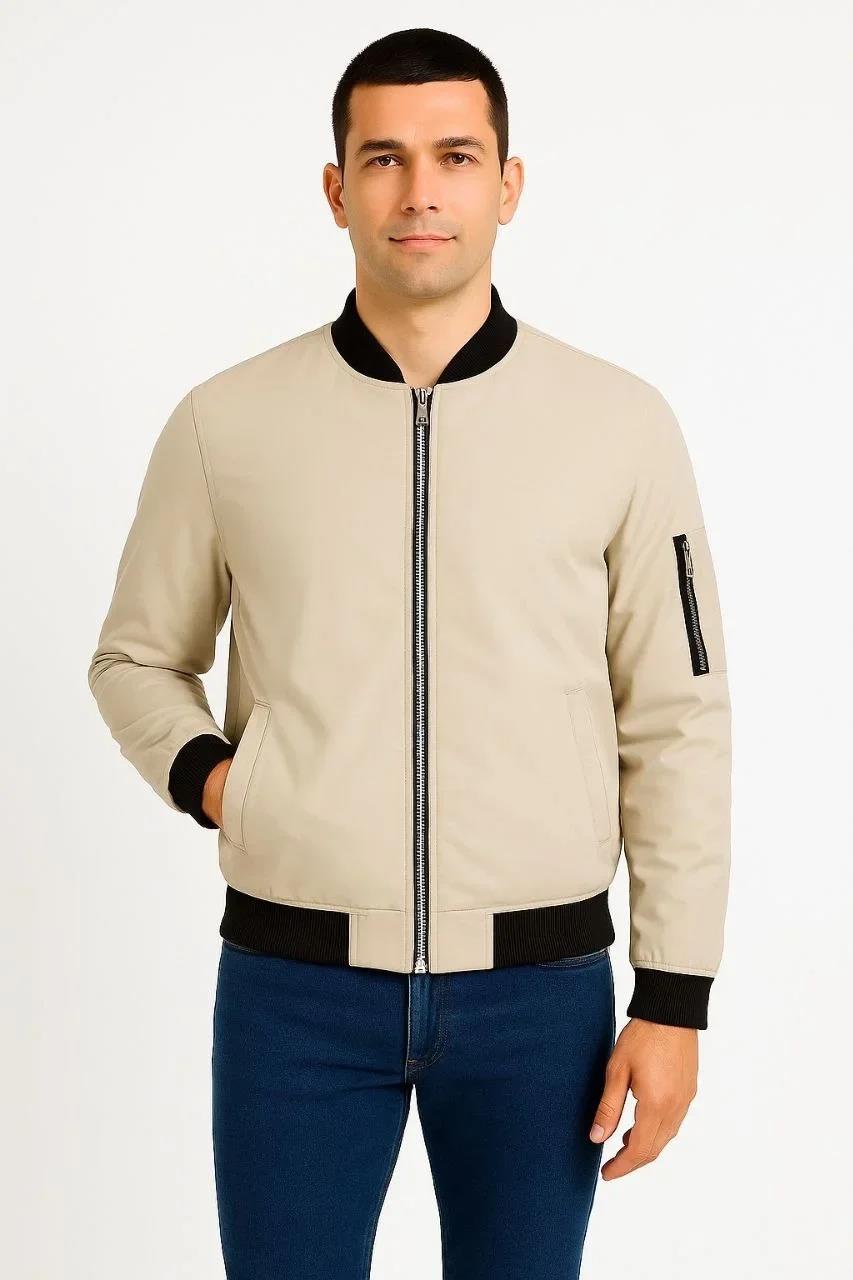 Erkek Bomber Mont Ceket – Fermuarlı, Kapitone İçi Astarlı, Su İtici Kumaş, Regular Fit, Uzun Kollu, Yandan Cepli, Bahar & Kış Rahat Günlük Stil - Bej