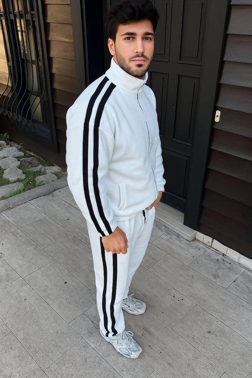Erkek Çift Şeritli Eşofman Takım Dik Yaka Fermuarlı Sweatshirt Boru Paça Alt, Oversize 3 iplik Pamuklu - Beyaz