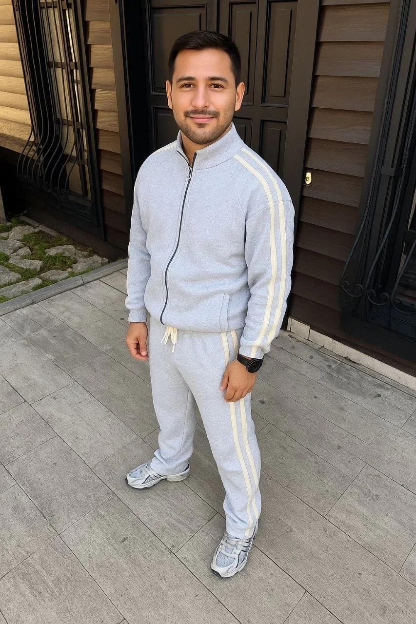 Erkek Çift Şeritli Eşofman Takım Dik Yaka Fermuarlı Sweatshirt Boru Paça Alt, Oversize 3 iplik Pamuklu - Gri