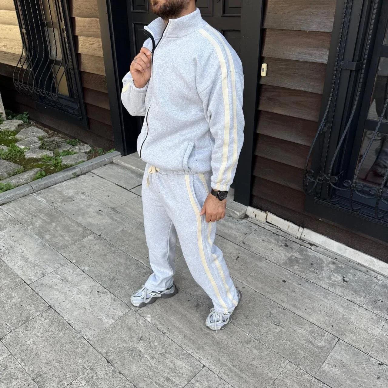 Erkek Çift Şeritli Eşofman Takım Dik Yaka Fermuarlı Sweatshirt Boru Paça Alt, Oversize 3 iplik Pamuklu - Gri