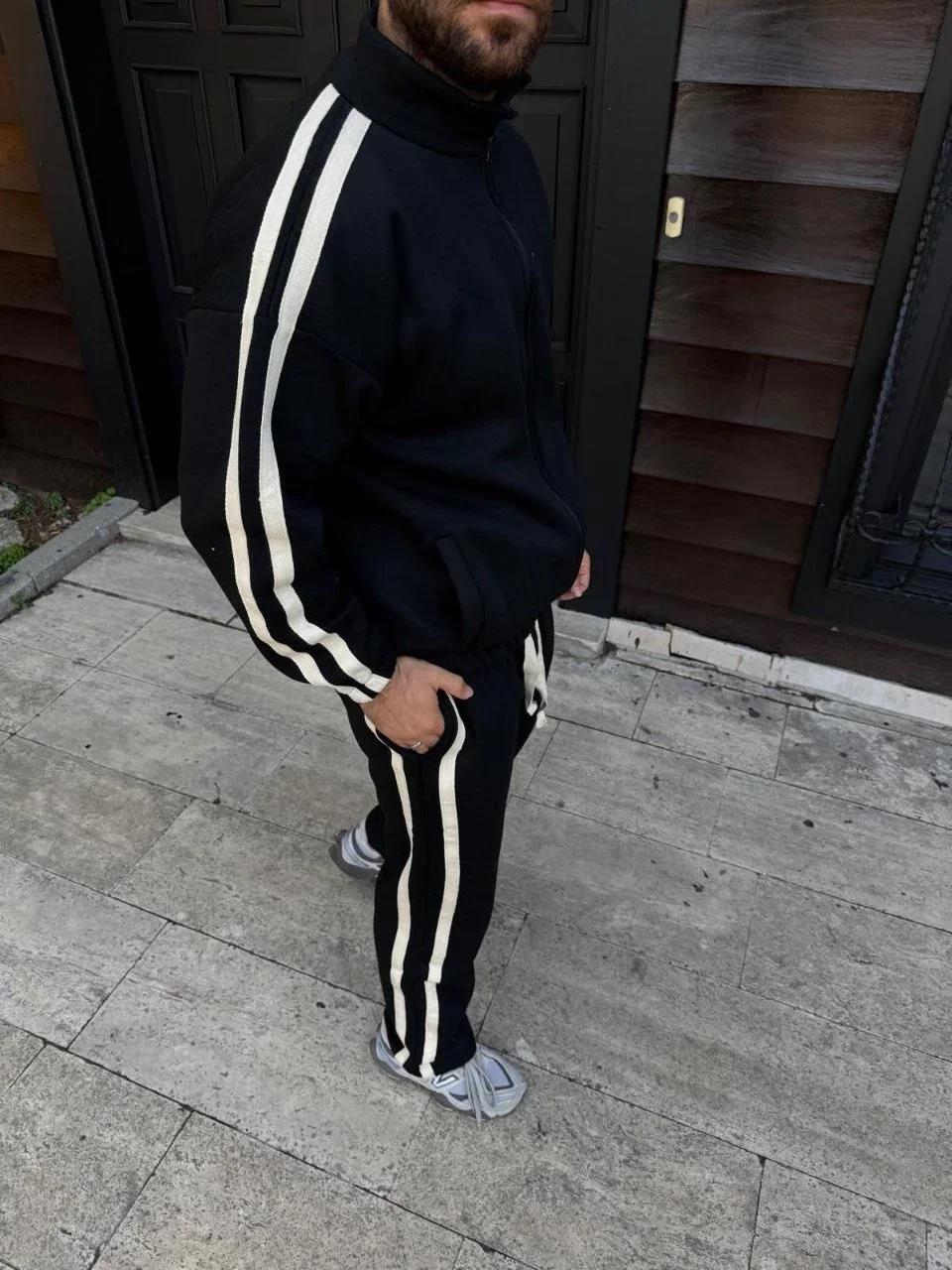 Erkek Çift Şeritli Eşofman Takım Dik Yaka Fermuarlı Sweatshirt Boru Paça Alt, Oversize 3 iplik Pamuklu - Siyah