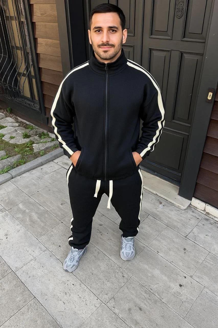Erkek Çift Şeritli Eşofman Takım Dik Yaka Fermuarlı Sweatshirt Boru Paça Alt, Oversize 3 iplik Pamuklu - Siyah