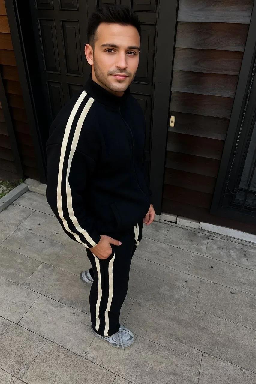 Erkek Çift Şeritli Eşofman Takım Dik Yaka Fermuarlı Sweatshirt Boru Paça Alt, Oversize 3 iplik Pamuklu - Siyah