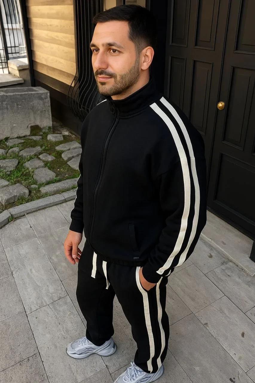 Erkek Çift Şeritli Eşofman Takım Dik Yaka Fermuarlı Sweatshirt Boru Paça Alt, Oversize 3 iplik Pamuklu - Siyah