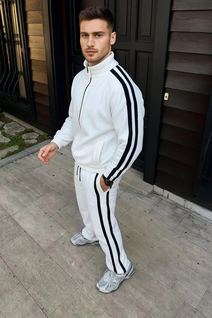 Erkek Çift Şeritli Eşofman Takım Dik Yaka Fermuarlı Sweatshirt Boru Paça Alt, Oversize 3 iplik Pamuklu - Beyaz