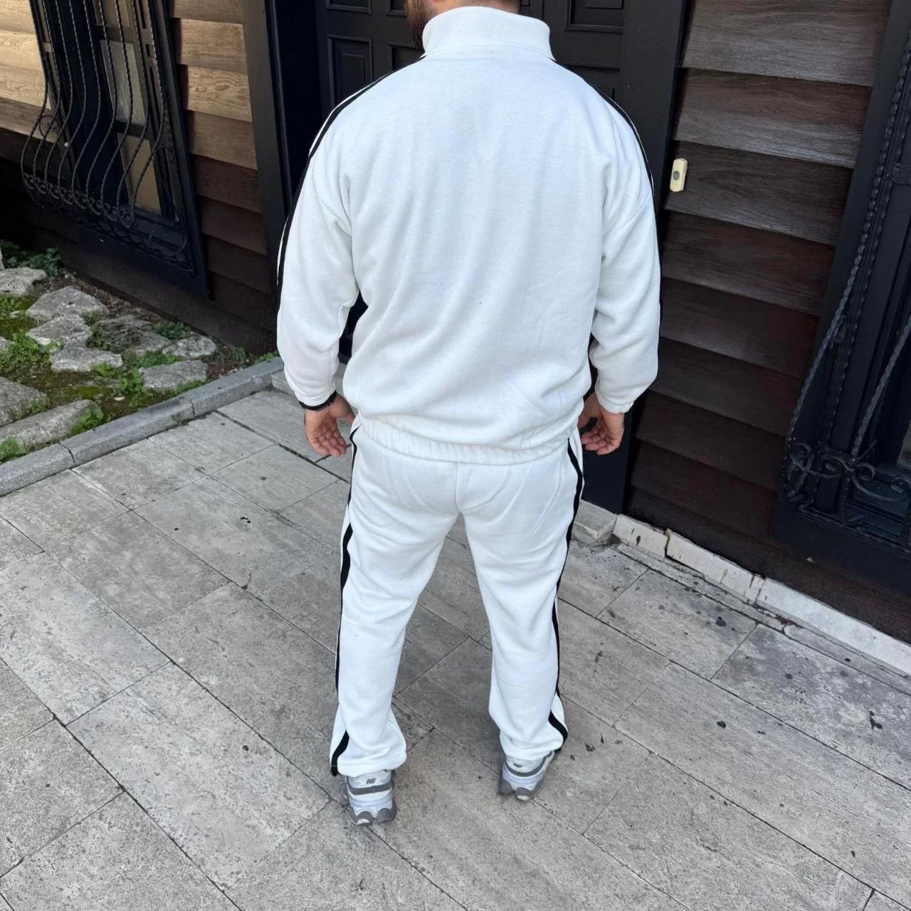 Erkek Çift Şeritli Eşofman Takım Dik Yaka Fermuarlı Sweatshirt Boru Paça Alt, Oversize 3 iplik Pamuklu - Beyaz