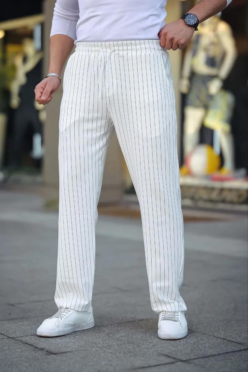 Erkek Cizgili Dokuma Krep Jogger Buggy Pantalon Rahat kalıp - Beyaz