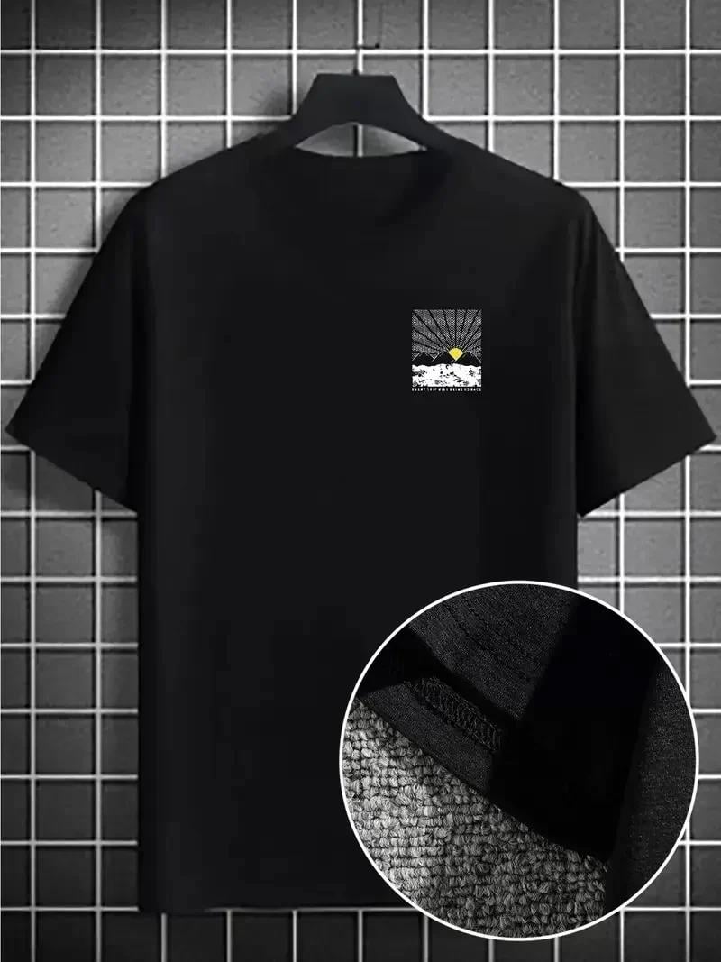 Erkek Dağ Grafikli Tişört, Yaz için Büyük Beden Rahat T-shirt - Siyah