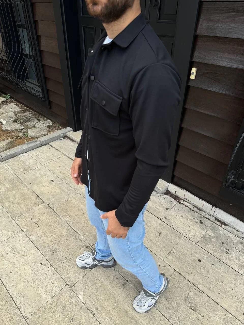 Erkek Diagonal Kumaş Cepli Çıtçıtlı uzun Kollu, Gömlek Oversize Rahat Kalıp Günlük Şık Stil - Siyah
