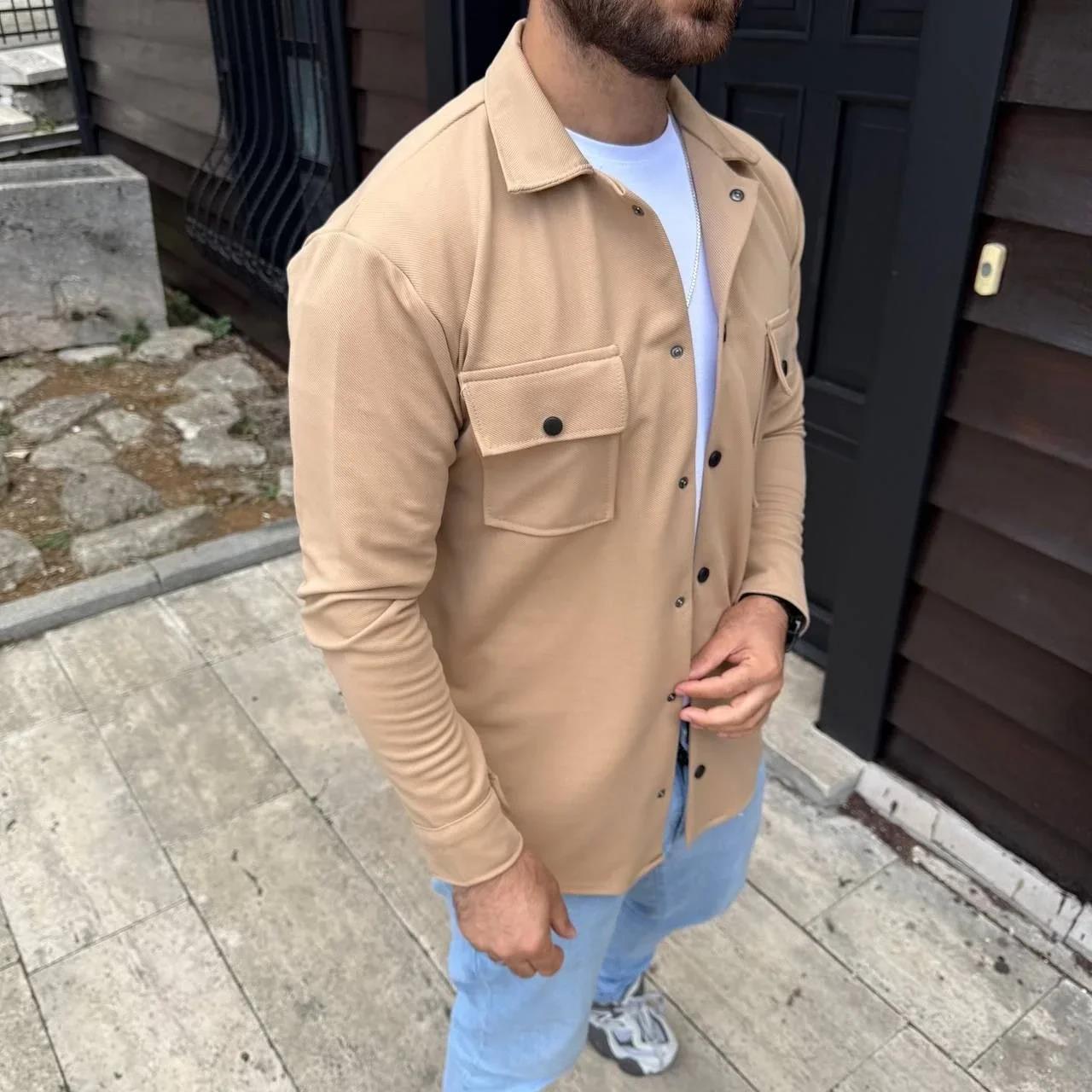 Erkek Diagonal Kumaş Cepli Çıtçıtlı uzun Kollu, Gömlek Oversize Rahat Kalıp Günlük Şık Stil - Bej