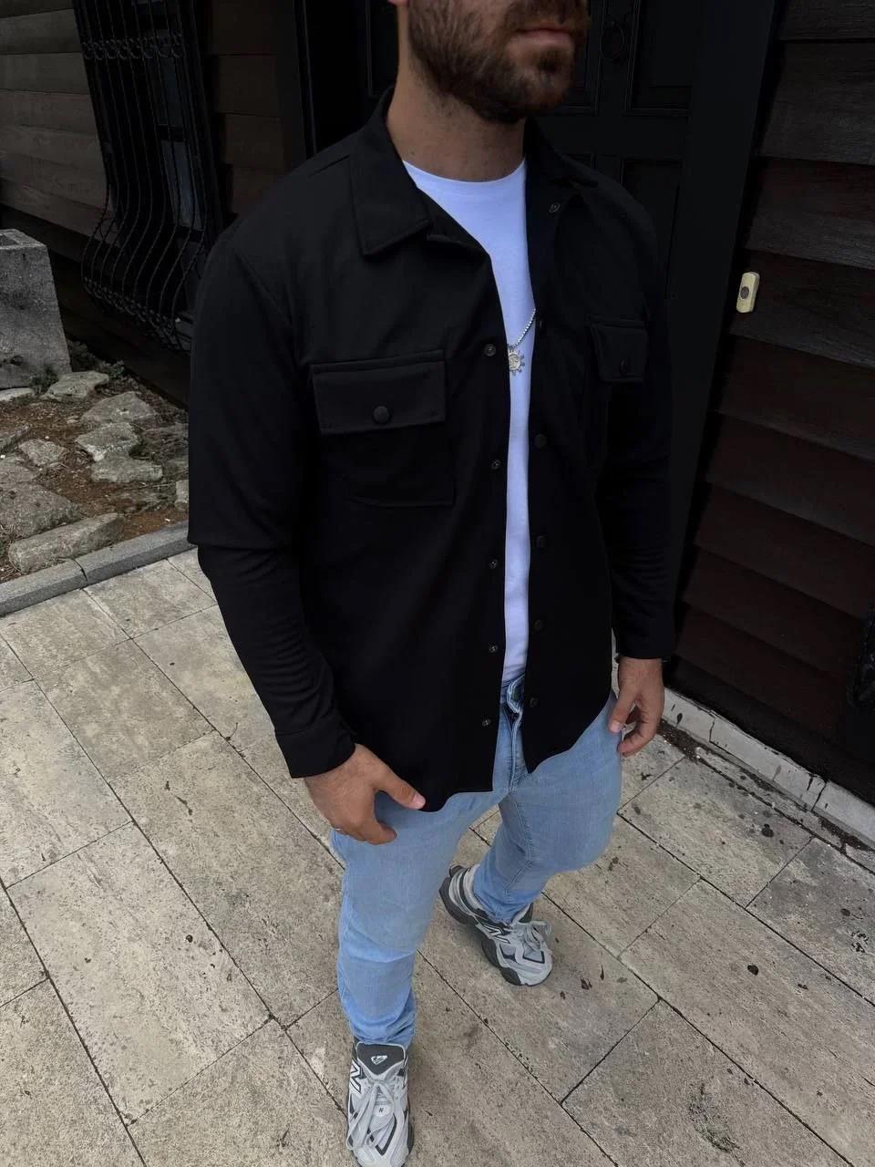 Erkek Diagonal Kumaş Cepli Çıtçıtlı uzun Kollu, Gömlek Oversize Rahat Kalıp Günlük Şık Stil - Siyah