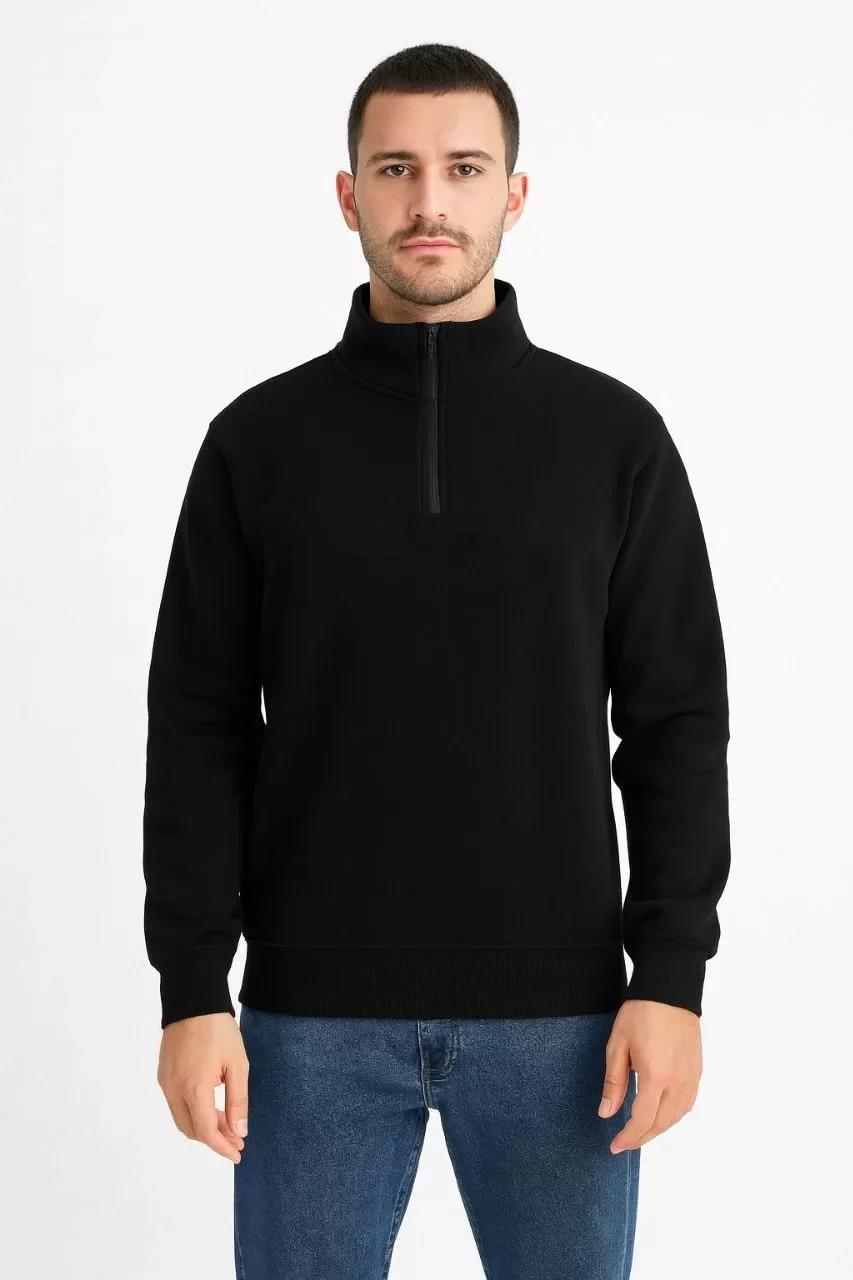 Erkek Dik Yaka Sweatshirt Dik Yaka Yarım Fermuarlı 3 İplik Şardonlu Pamuk Kumaş - Siyah