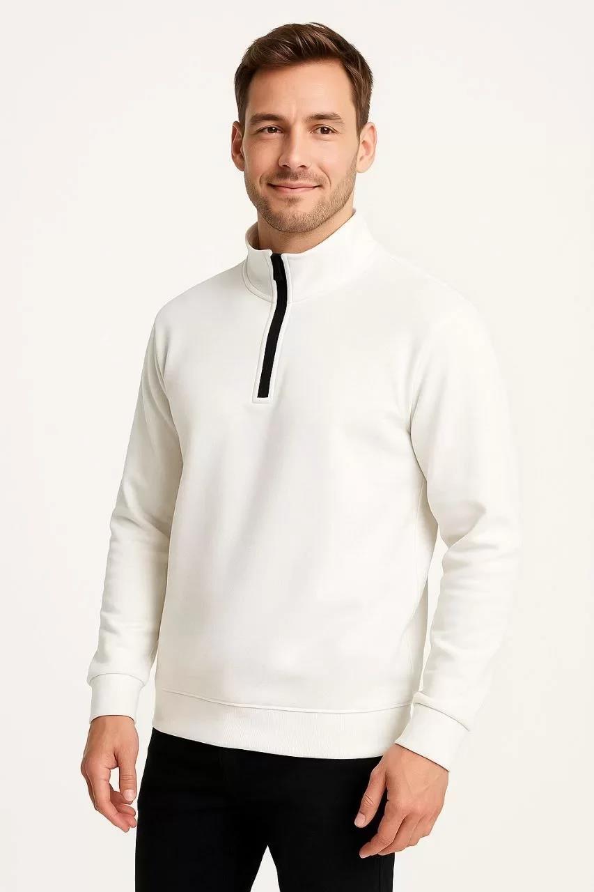 Erkek Dik Yaka Sweatshirt Dik Yaka Yarım Fermuarlı 3 İplik Şardonlu Pamuk Kumaş - Beyaz