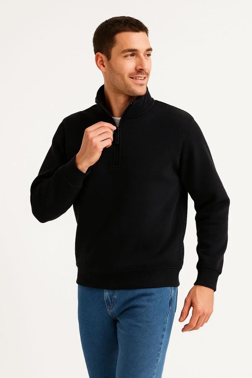 Erkek Dik Yaka Sweatshirt Dik Yaka Yarım Fermuarlı 3 İplik Şardonlu Pamuk Kumaş - Siyah
