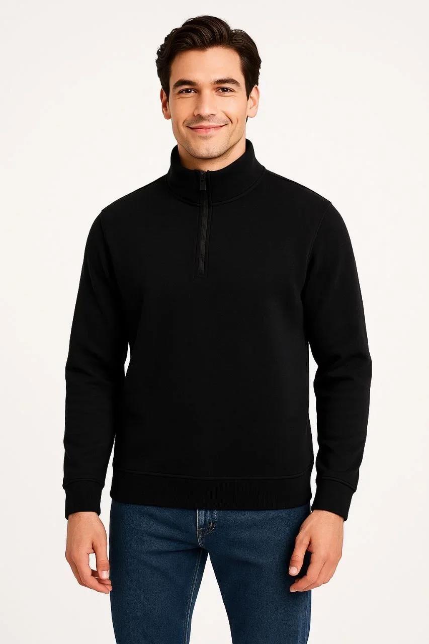 Erkek Dik Yaka Sweatshirt Dik Yaka Yarım Fermuarlı 3 İplik Şardonlu Pamuk Kumaş - Siyah