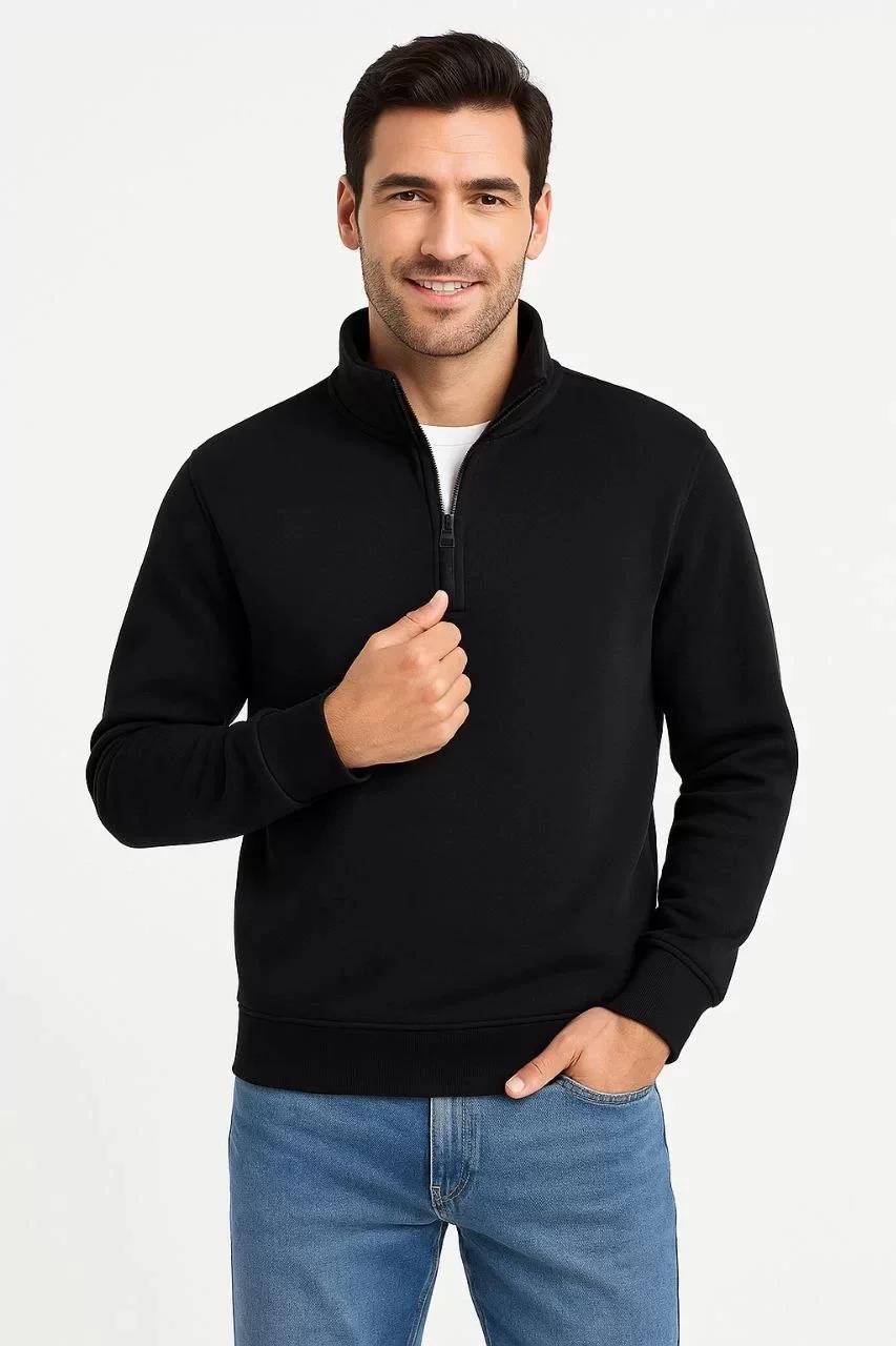 Erkek Dik Yaka Sweatshirt Dik Yaka Yarım Fermuarlı 3 İplik Şardonlu Pamuk Kumaş - Siyah