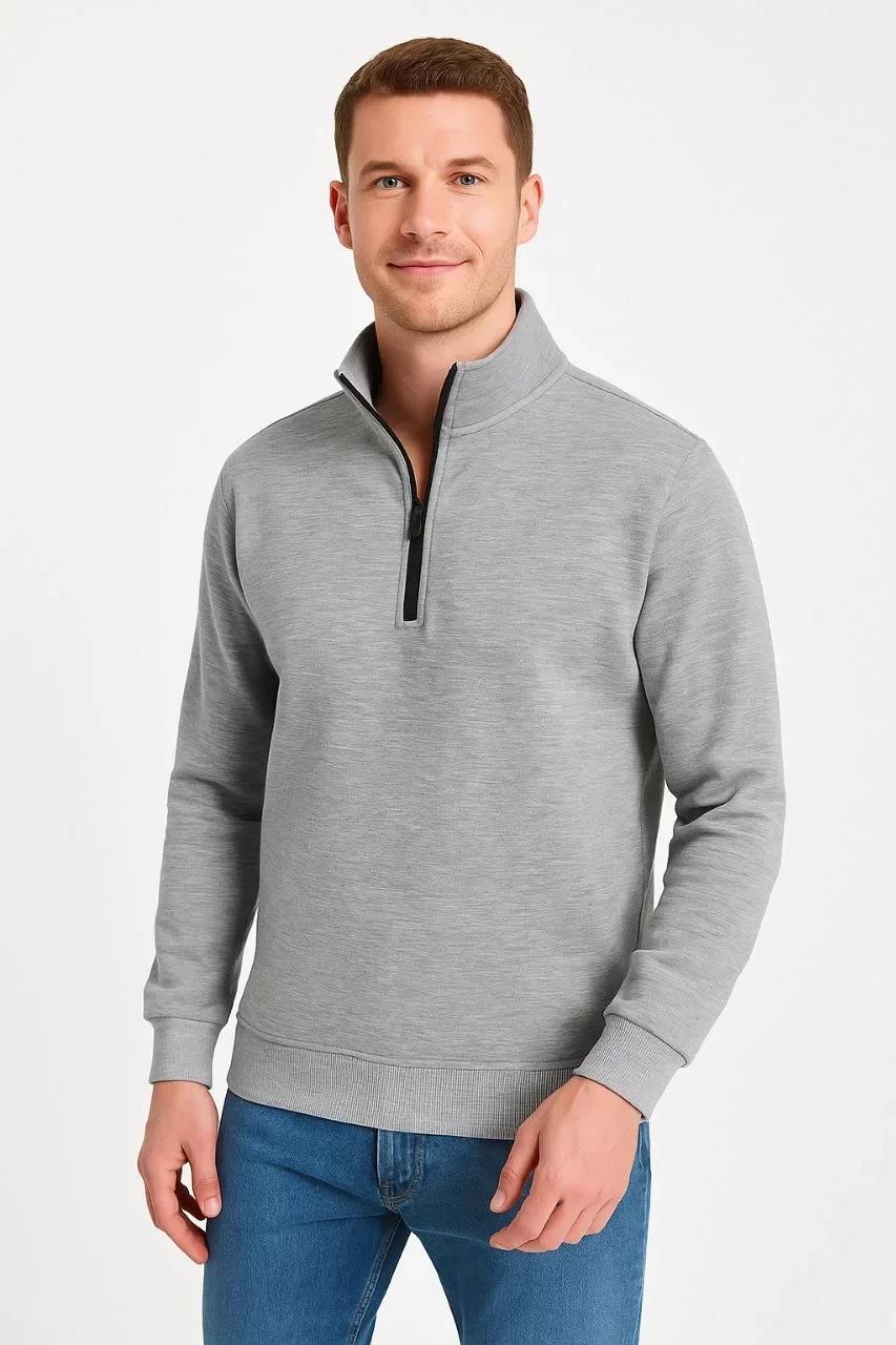 Erkek Dik Yaka Sweatshirt Dik Yaka Yarım Fermuarlı 3 İplik Şardonlu Pamuk Kumaş - Gri
