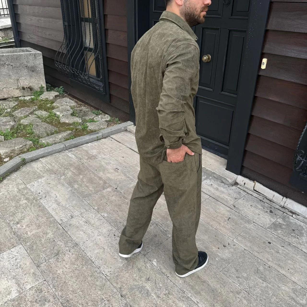 Erkek Fitilli Kadife Cepli Buggy Pantolon Oversize Rahat Kalıp - Haki