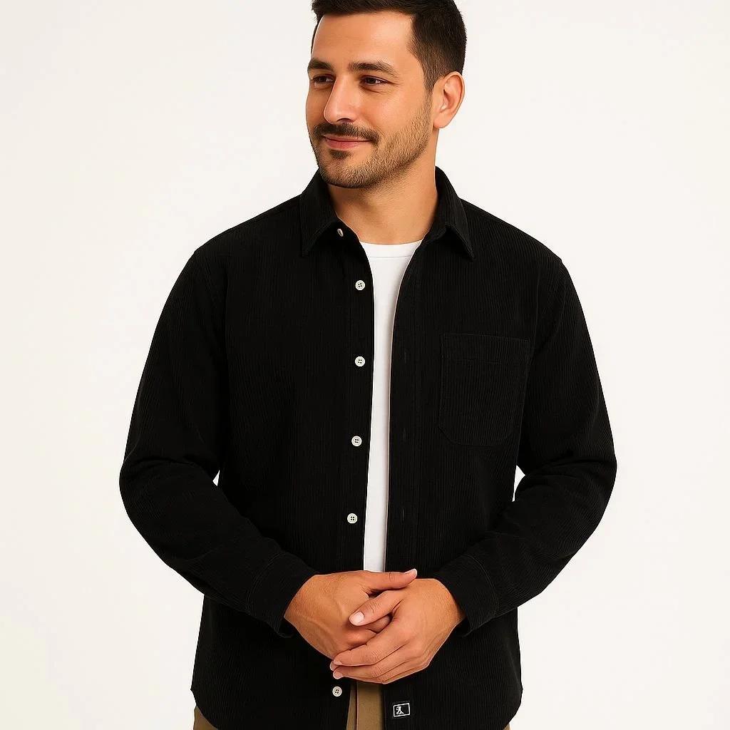 Erkek Fitilli Kadife Cepli Gömlek Oversize Rahat Kalıp - Siyah
