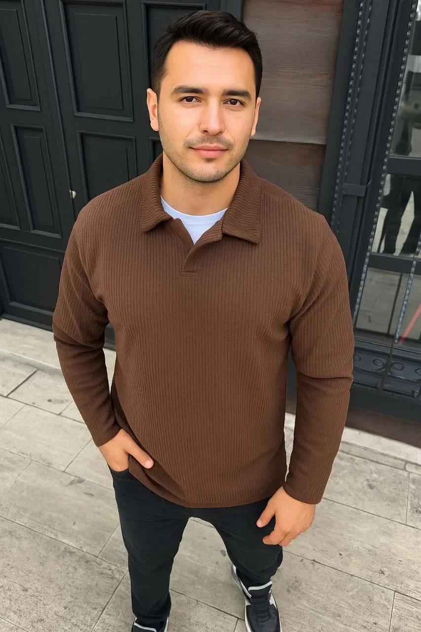 Erkek Fitilli Polar Sweatshirt – Düğmesiz Polo Yaka, Oversize Rahat Kalıp, Kalın Polar Kumaş, Kışlık ve Baharlık Şık Günlük Üst - Kahverengi
