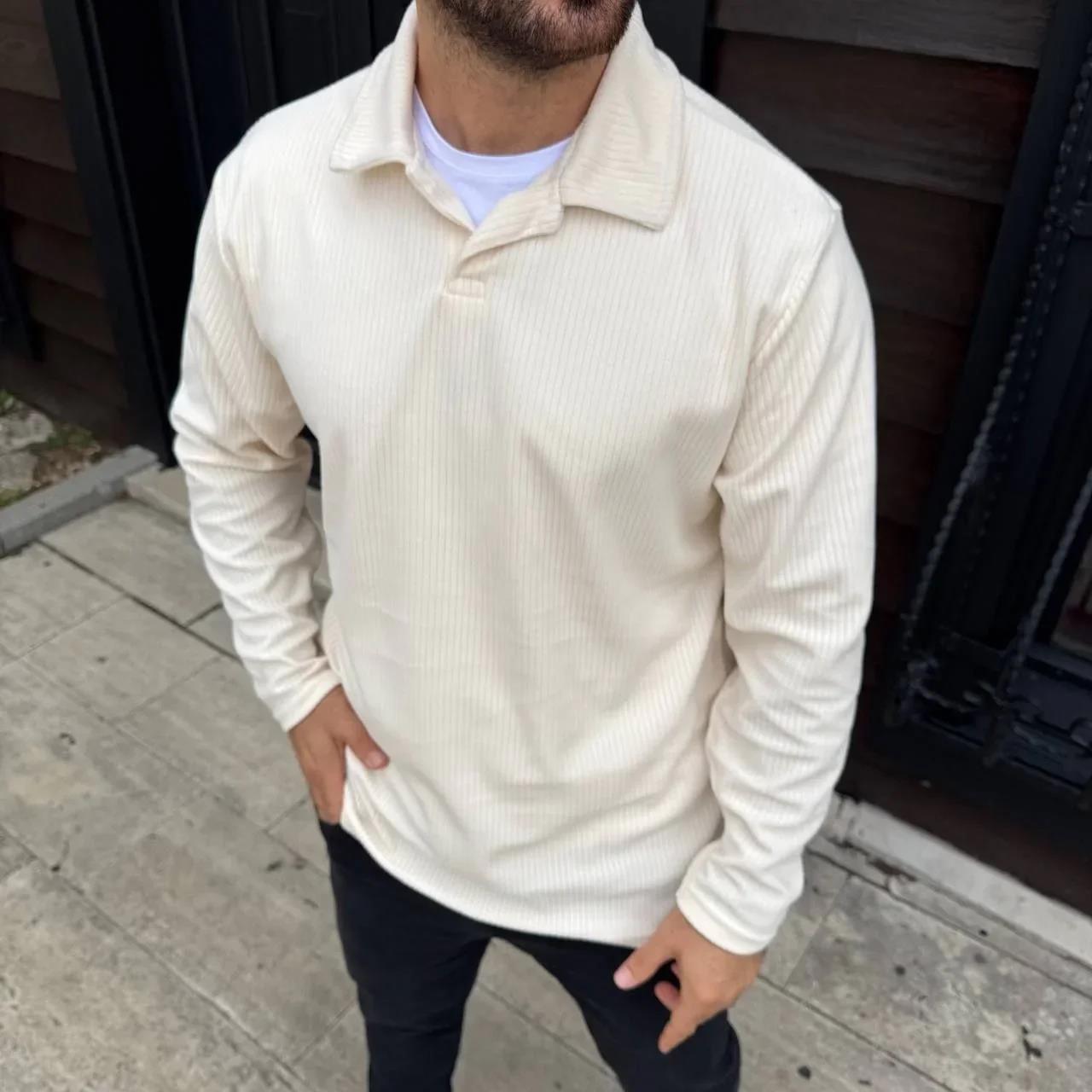 Erkek Fitilli Polar Sweatshirt – Düğmesiz Polo Yaka, Oversize Rahat Kalıp, Kalın Polar Kumaş, Kışlık ve Baharlık Şık Günlük Üst - Beyaz