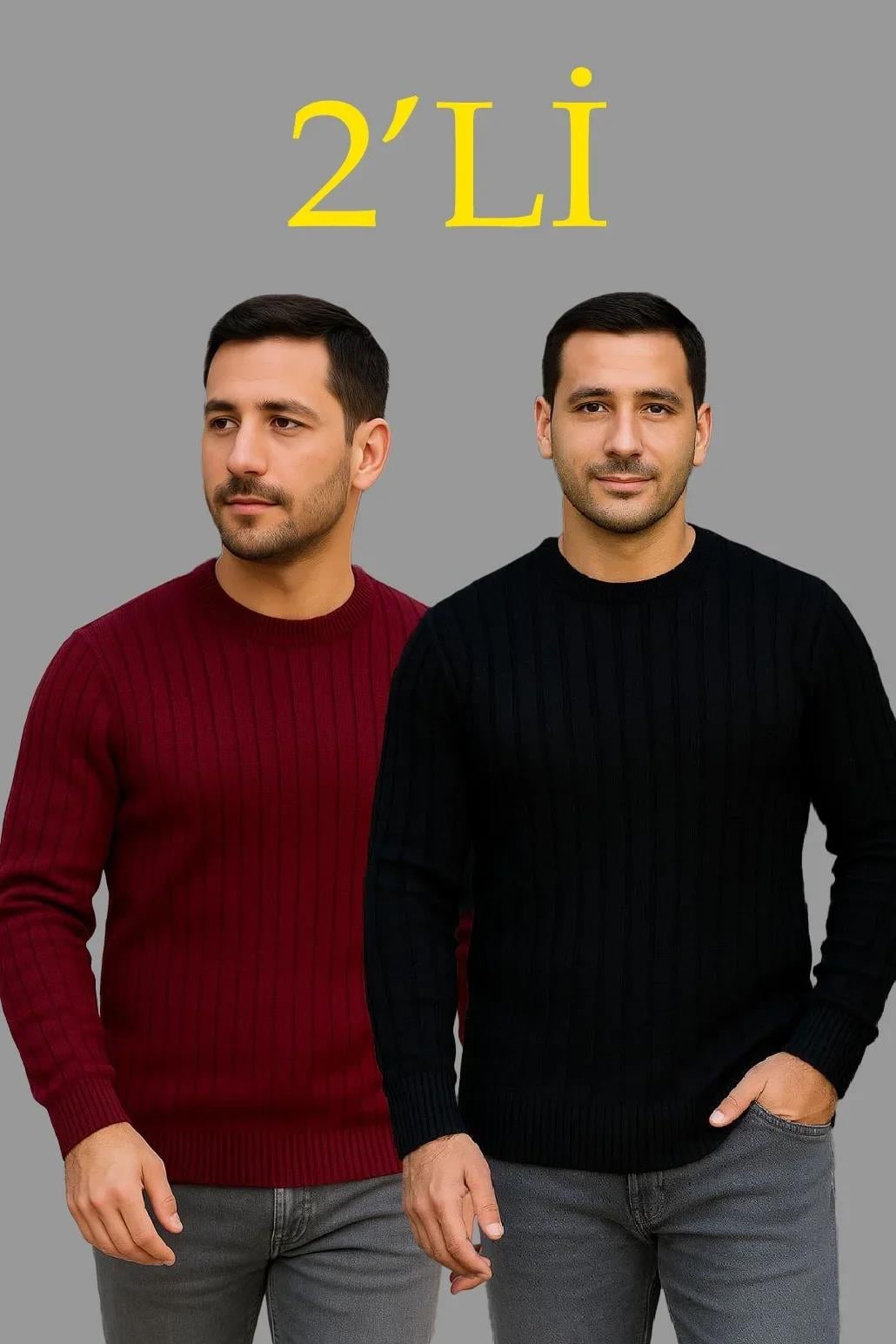 Erkek Fitilli Triko Kazak 2’li Set – Siyah & Bordo, Kalın Dokuma Pamuklu Regular Fit Bisiklet Yaka Uzun Kollu Rahat Kışlık Kazak Kombini